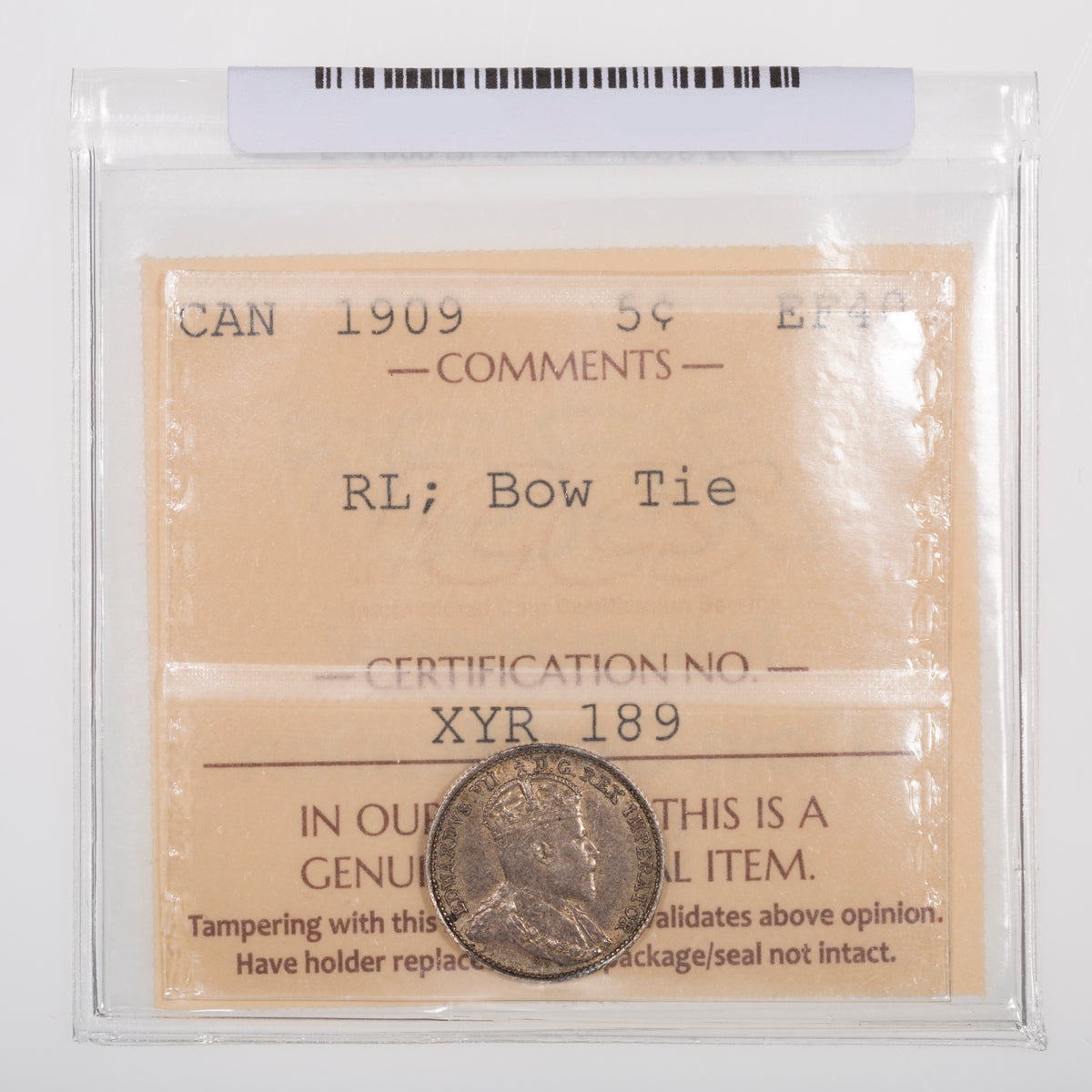 5 Cent 1909 RL Bow Tie ICCS EF-40