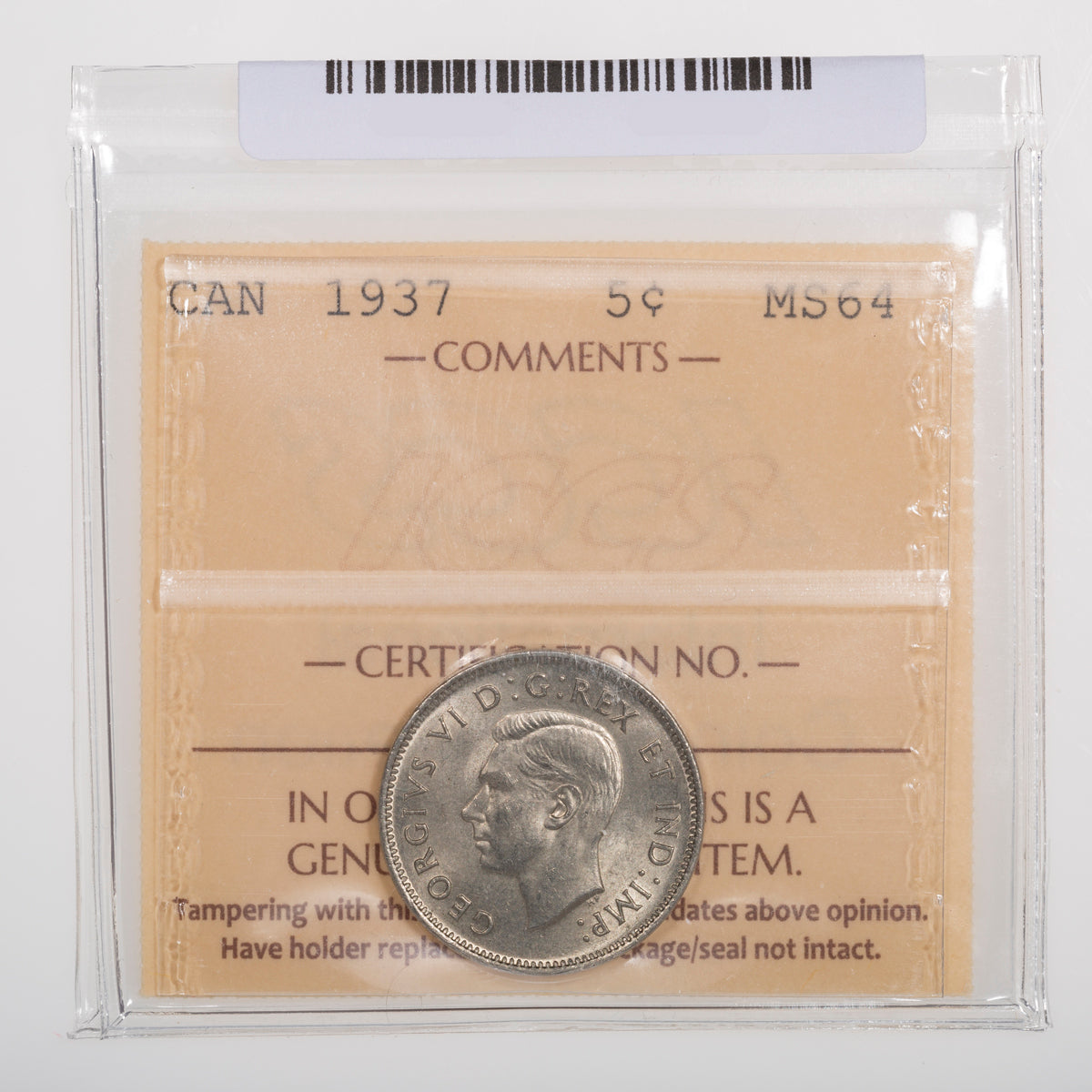 5 Cent 1937 ICCS MS-64