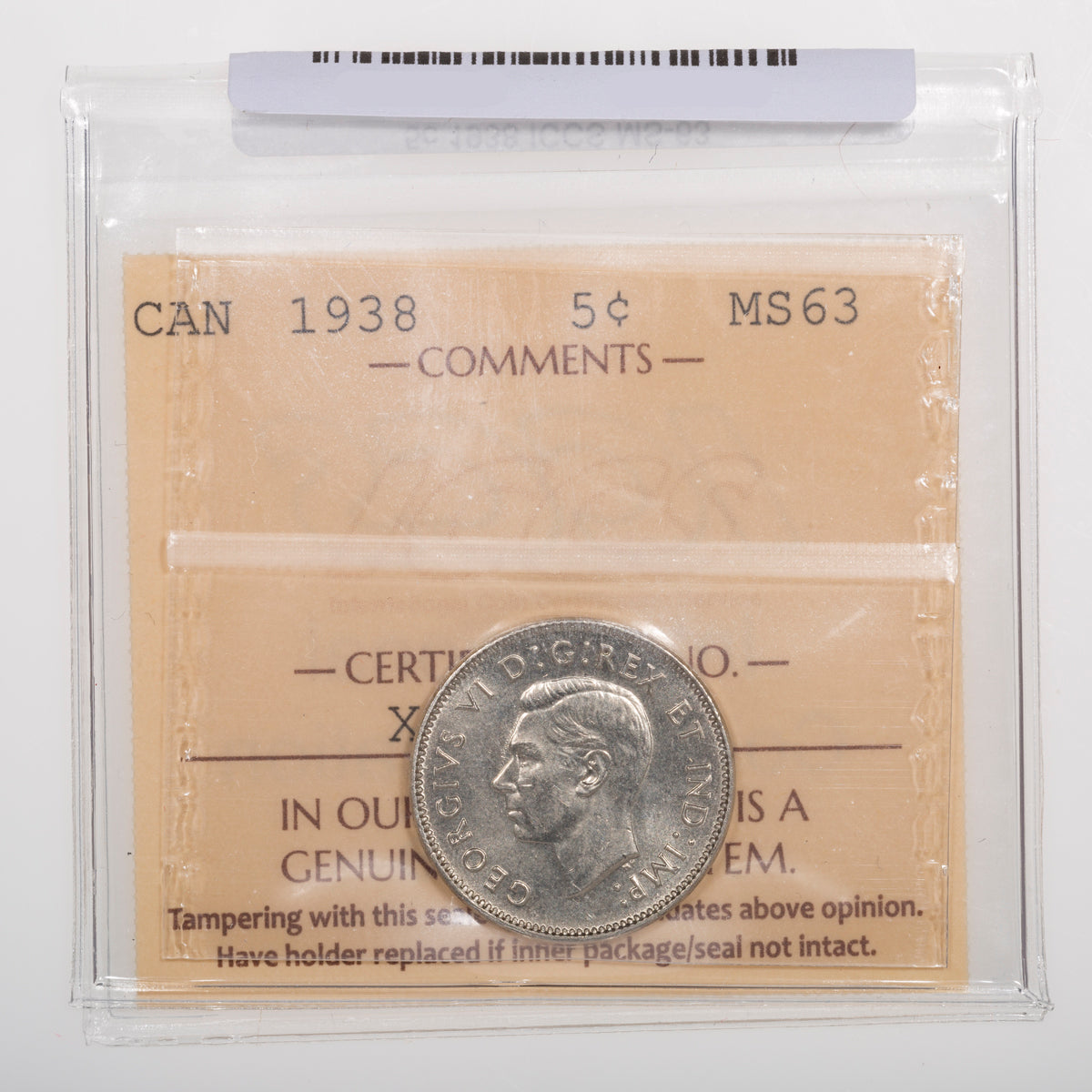5 Cent 1938 ICCS MS-63