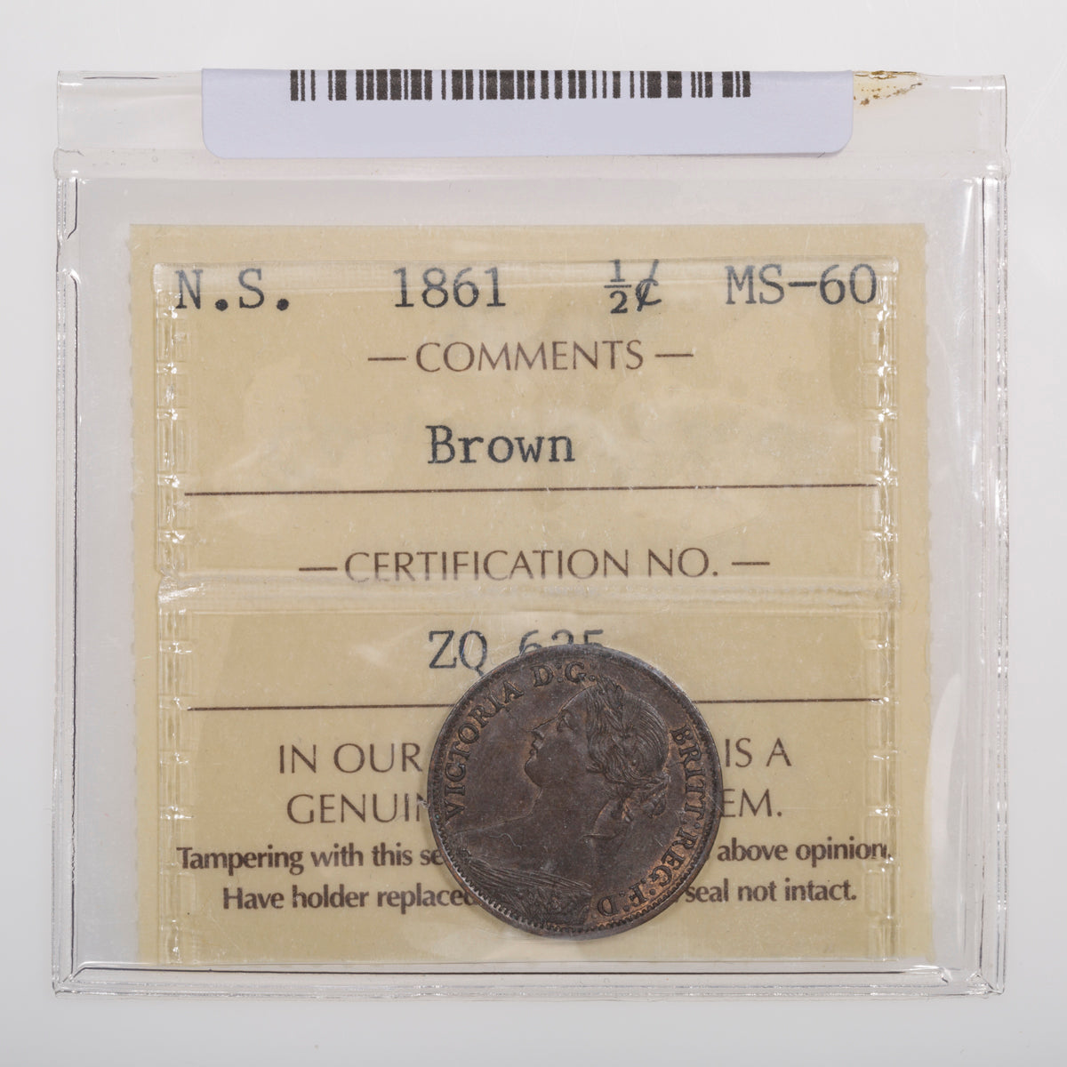NS Half Cent 1861 ICCS MS-60 Brown