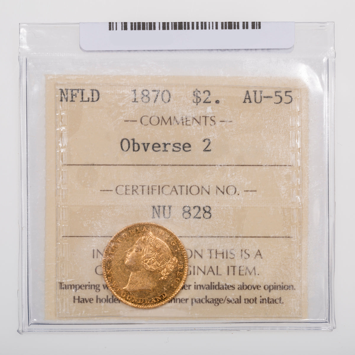 NFLD $2 1870 Obverse 2 ICCS AU-55