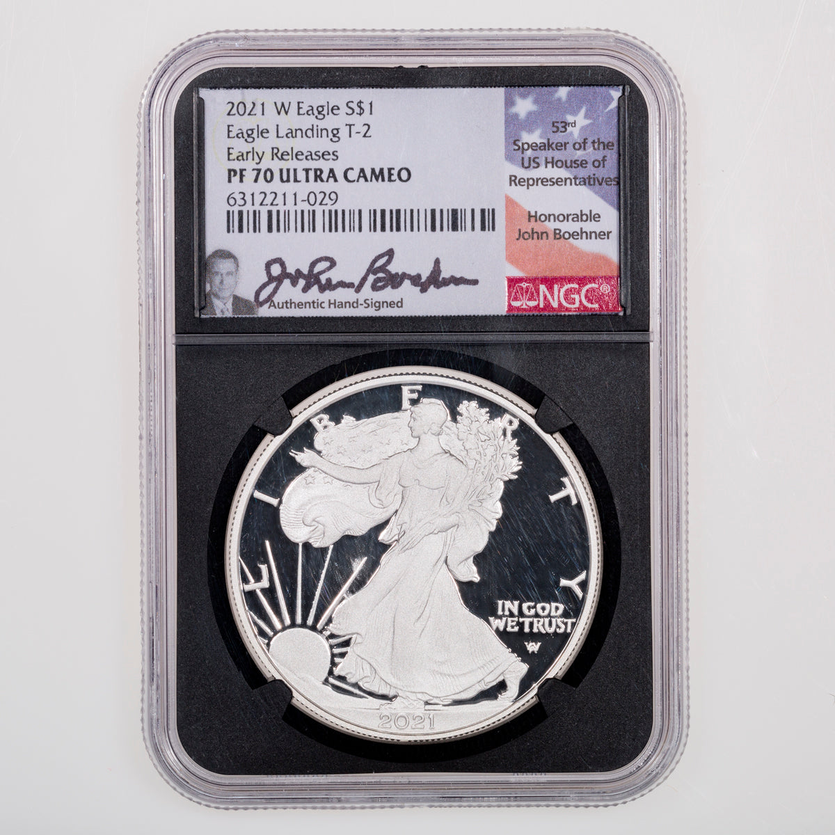 United States 1 oz Silver Eagle 2021W Type 2 Eagle landing NGC Early Releases John Boehner American Flag Label PR-70 Ultra Cameo