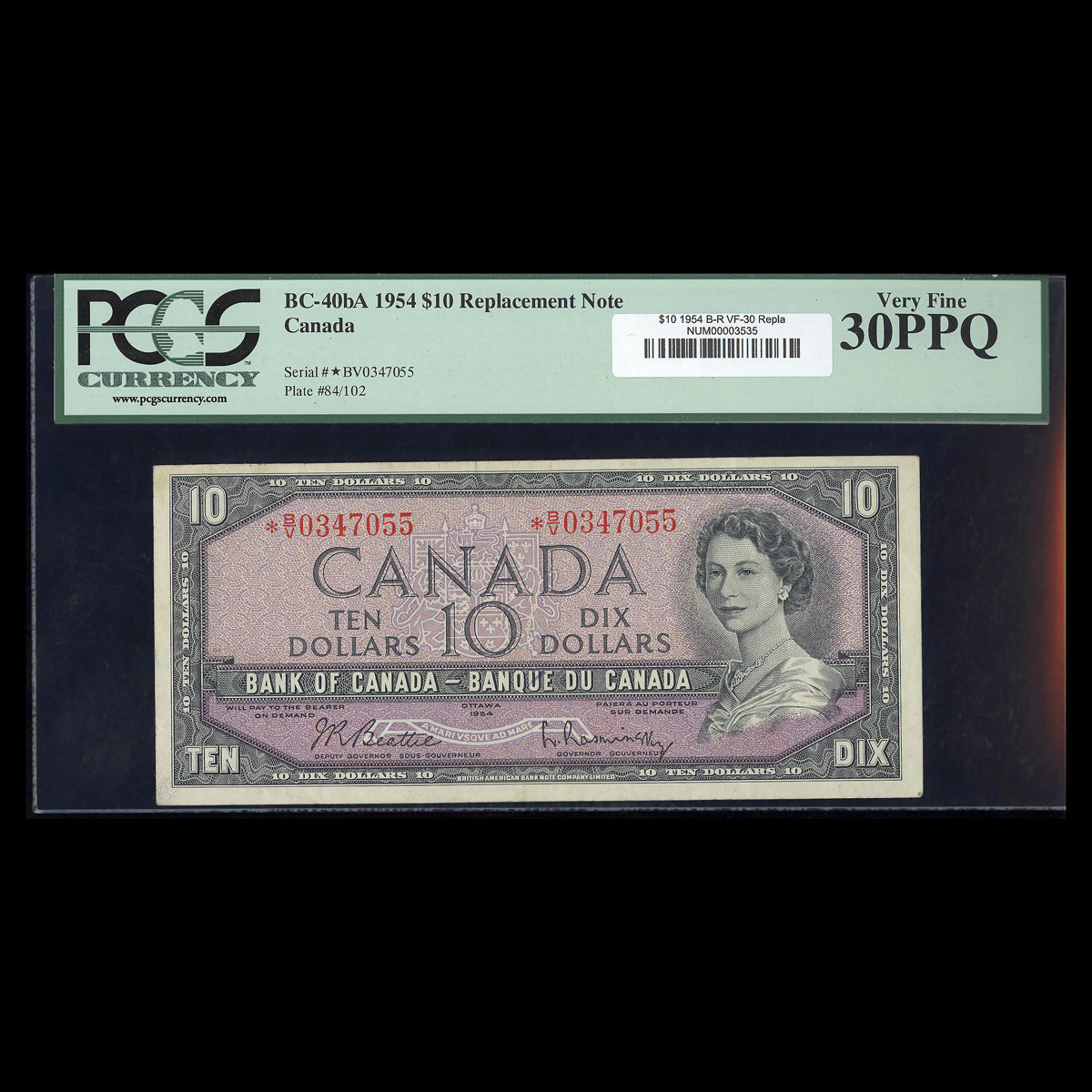 $10 1954 1954 Modified Series Replacement Beattie-Rasminsky Prefix *B/V VF-30