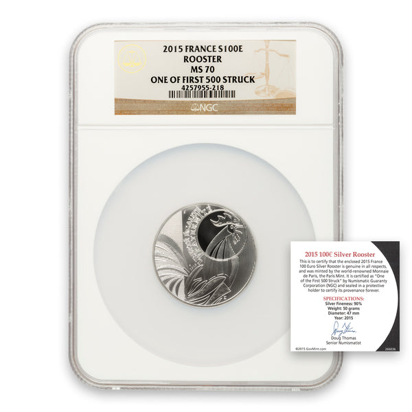 2015 $100 Rooster: One of First 500 Struck Silver Coin MS-70