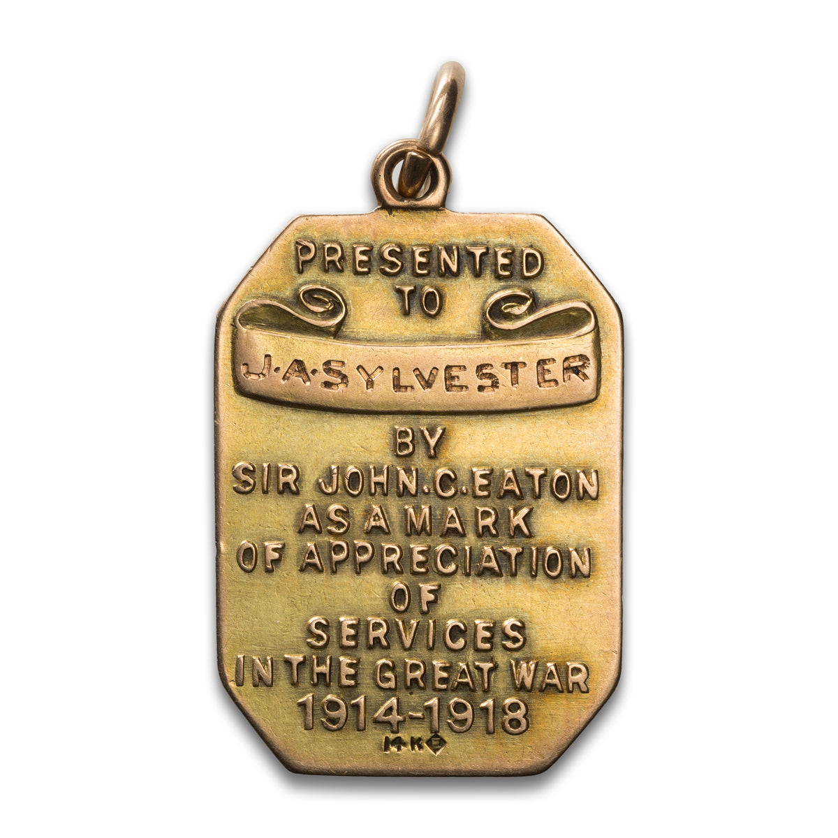 1914-1918 Sir John C Eaton Services in the Great War - Presented to JA Sylvester Medal