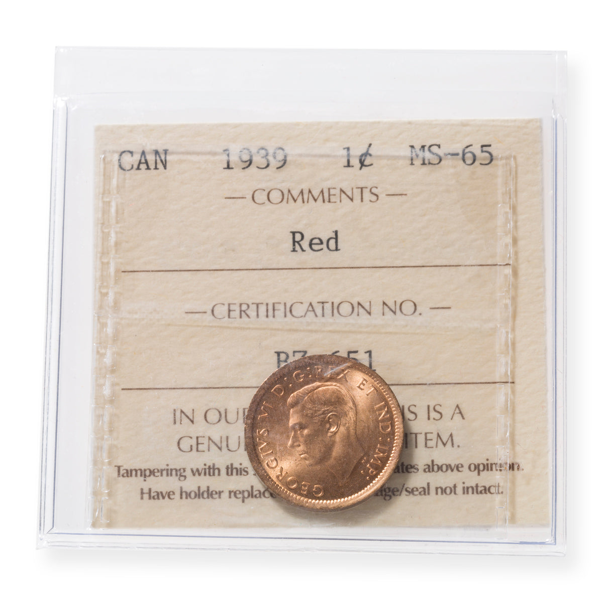 1 Cent 1939 Red ICCS MS-65