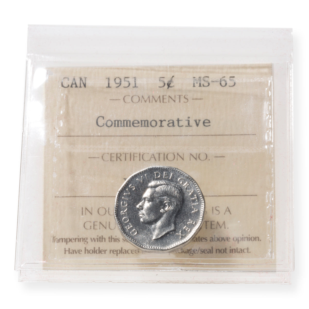 5 Cent 1951 Commemorative ICCS MS-65
