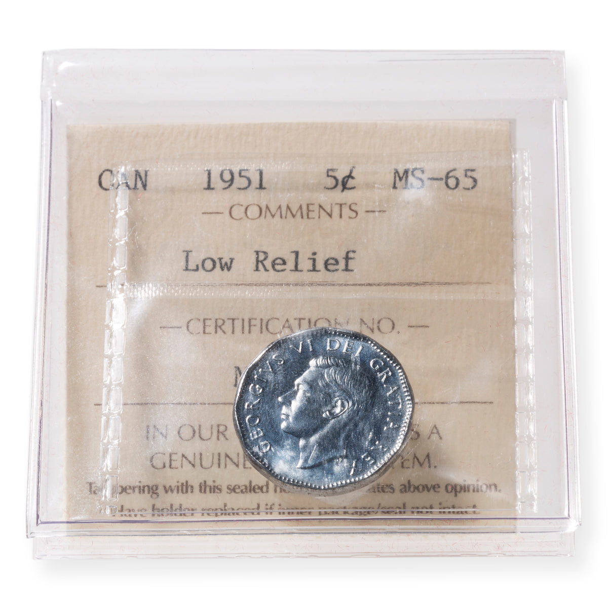 5 Cent 1951 Low Relief ICCS MS-65