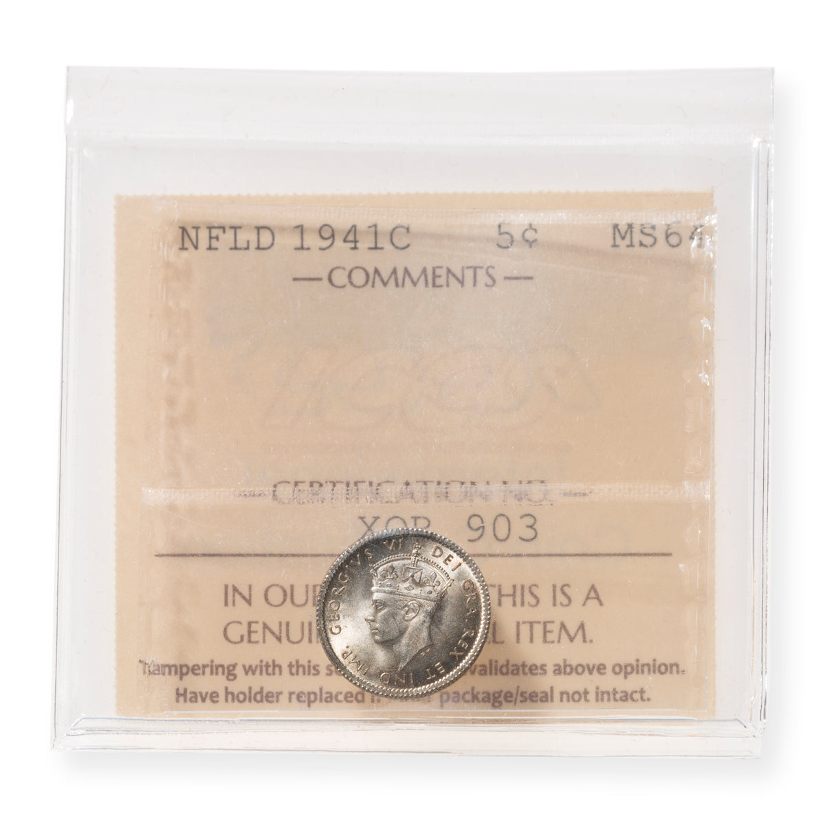 NFLD 5 Cent 1941C ICCS MS-64