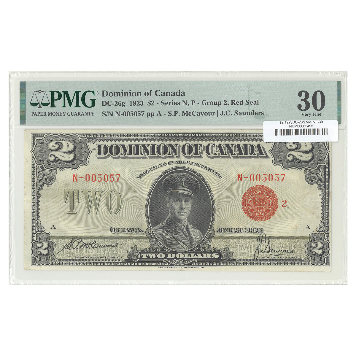 $2 1923 DC-26g McCavour-Saunders Prefix N PMG VF-30