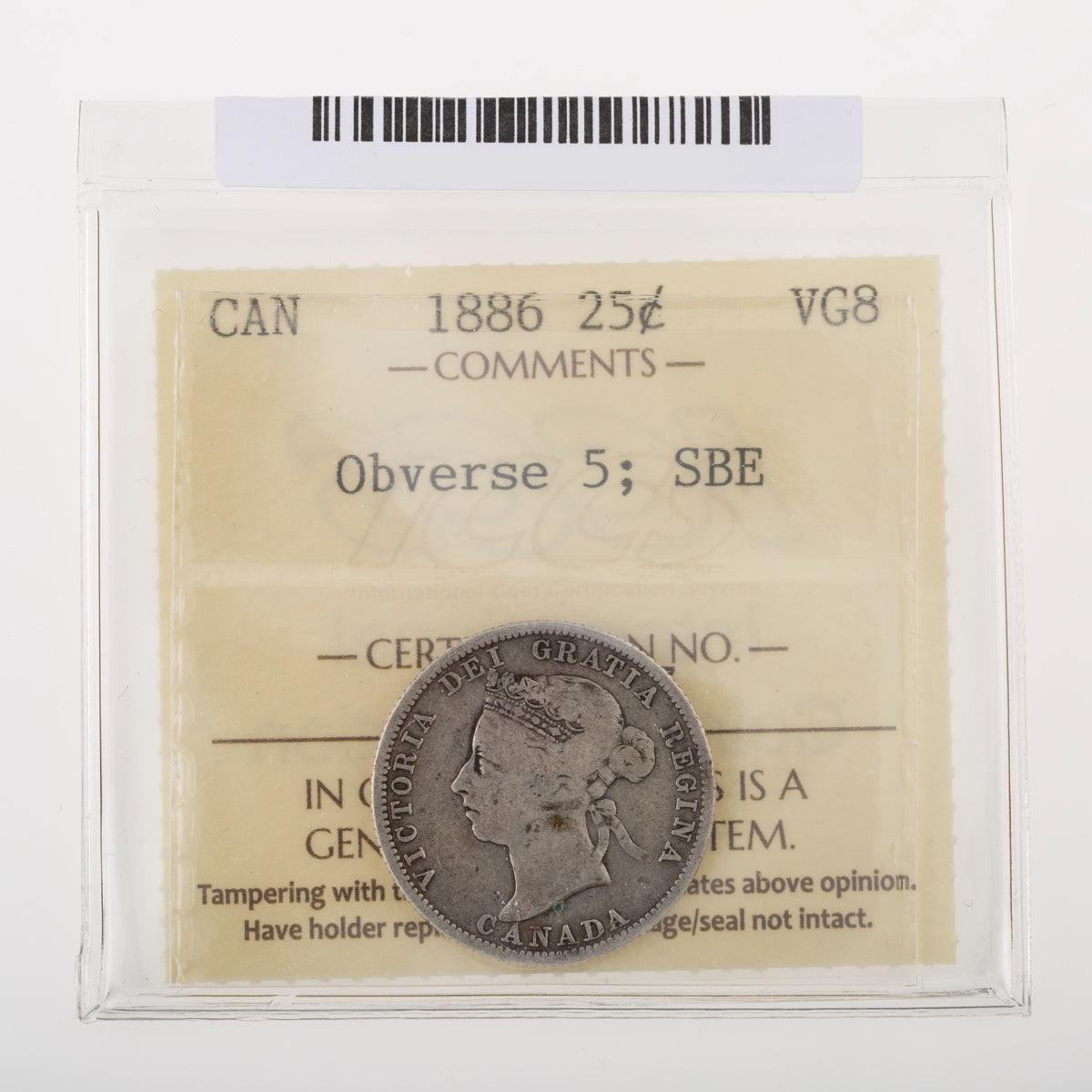 25 Cent 1886 Obverse 5; SBE ICCS VG-8