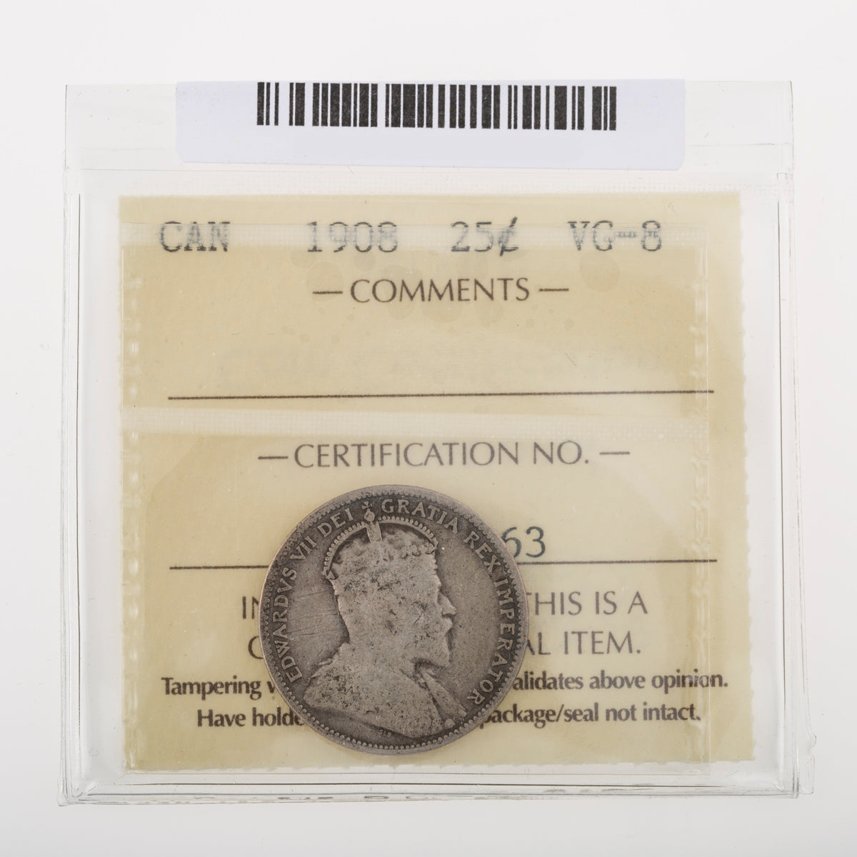 25 Cent 1908 ICCS VG-8