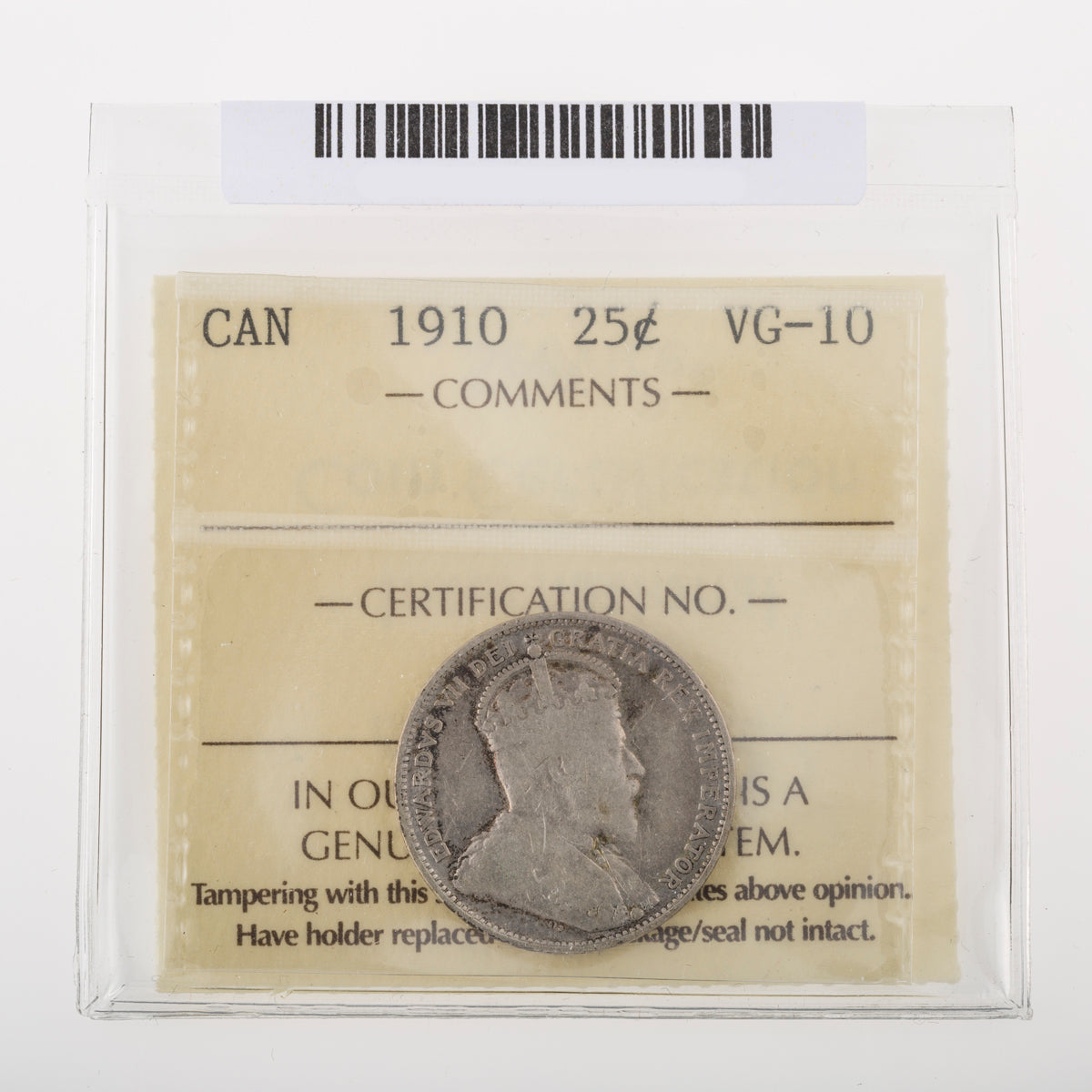 25 Cent 1910 ICCS VG-10