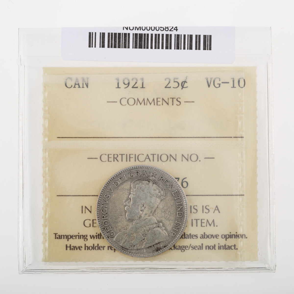 25 Cent 1921 ICCS VG-10