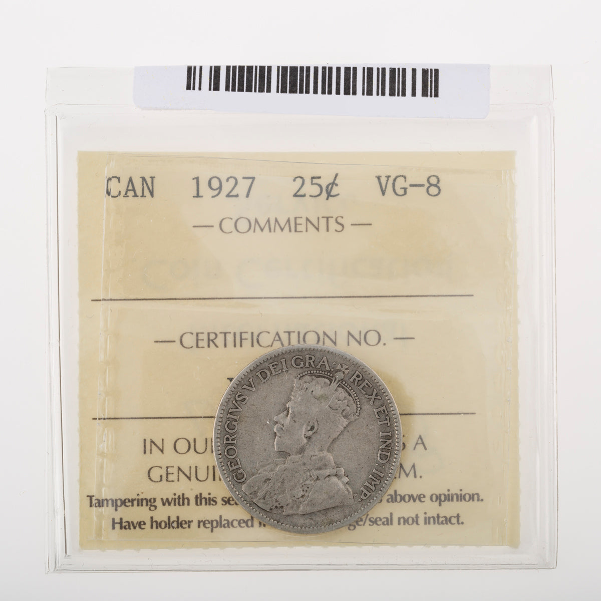 25 Cent 1927 ICCS VG-8