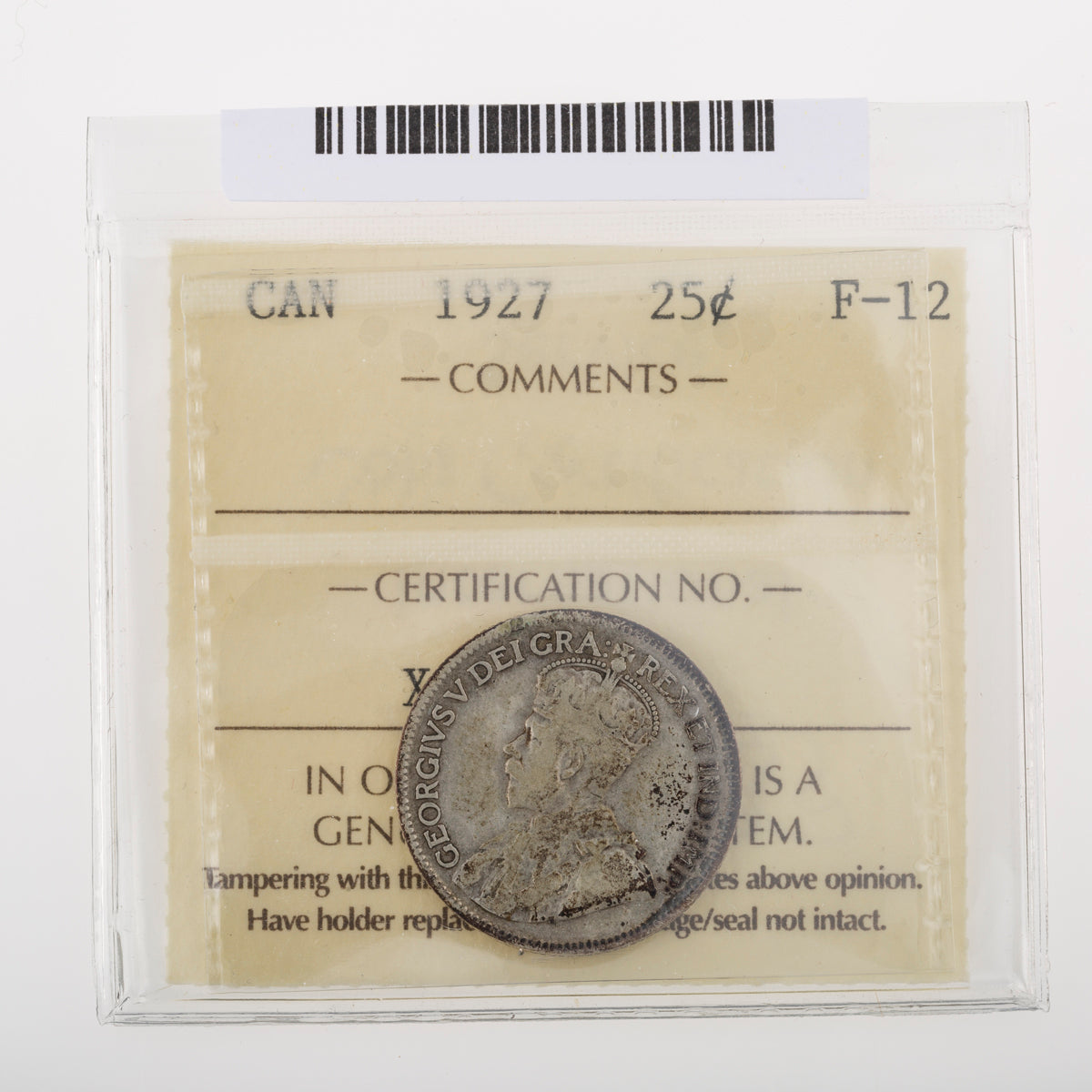 25 Cent 1927 ICCS F-12