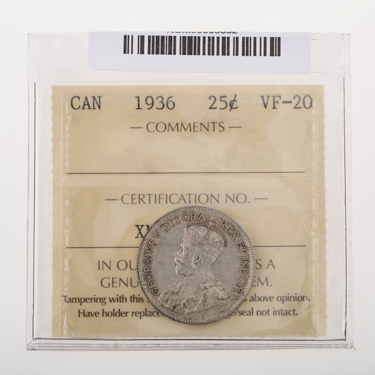 25 Cent 1936 ICCS VF-20