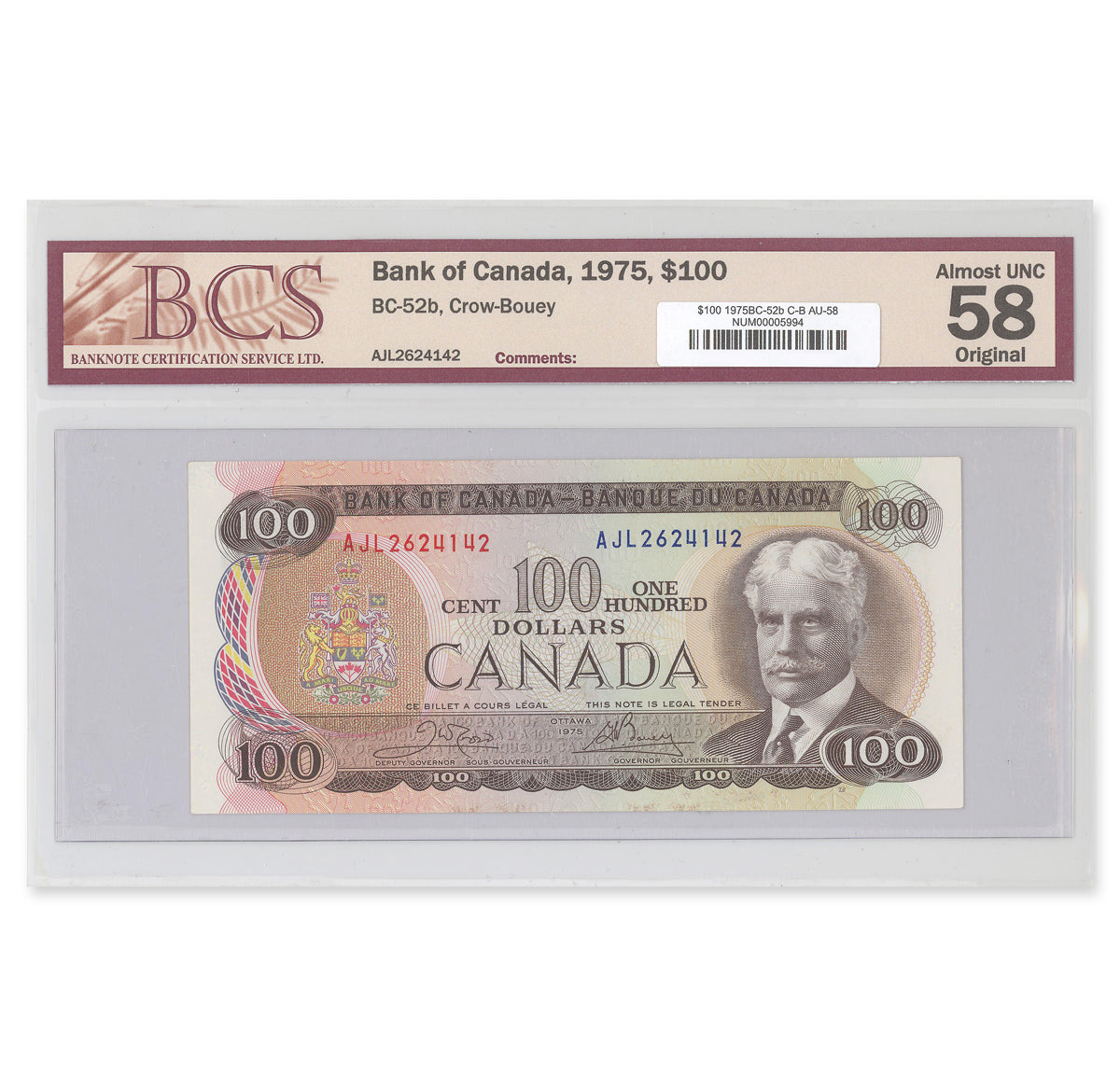 $100 1975 BC-52b Crow-Bouey Prefix AJL BCS AU-58