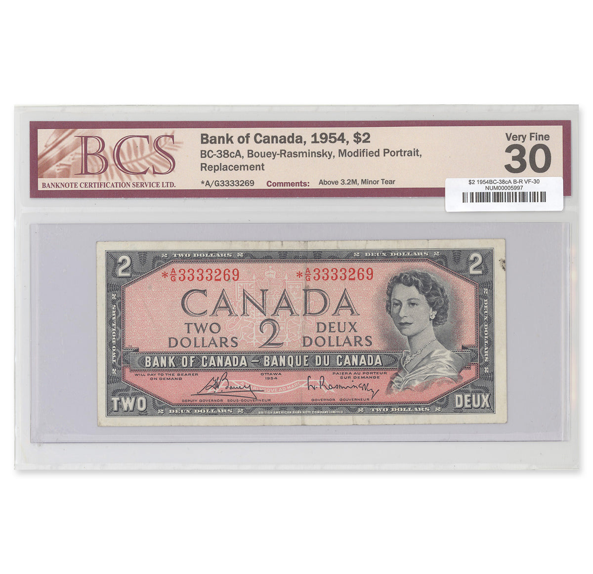 $2 1954 Modified Series BC-38cA Bouey-Rasminsky Prefix *AG BCS VF-30