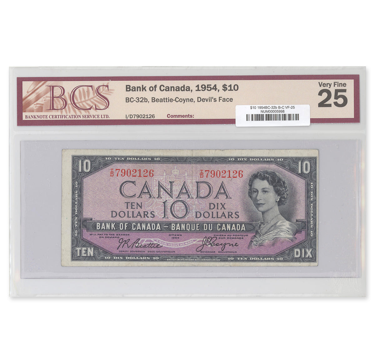 $10 1954 Devil's Face Series BC-32b Beattie-Coyne Prefix I/D BCS VF-25