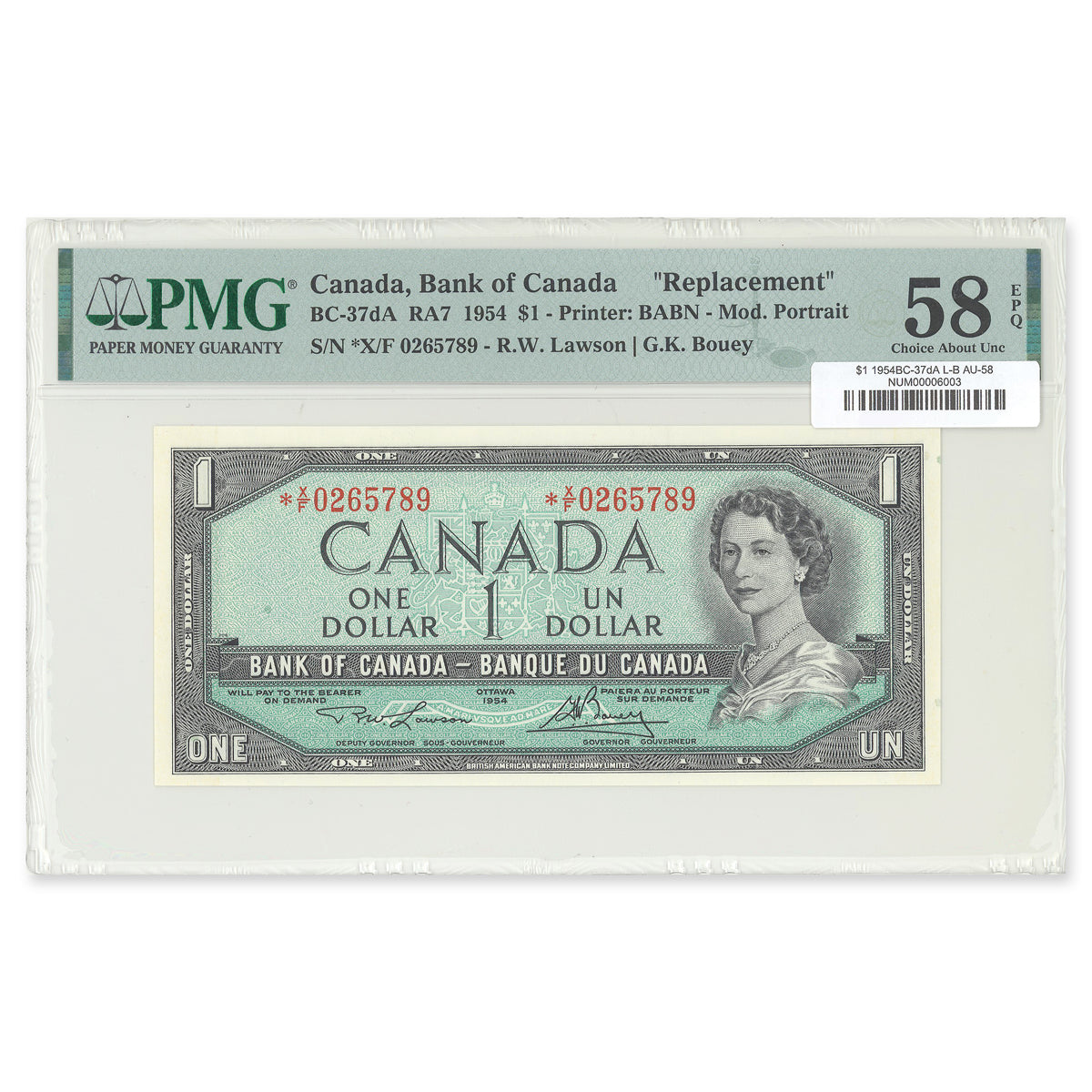 $1 1954 Modified Series BC-37dA Lawson-Bouey Prefix *X/F PMG AU-58