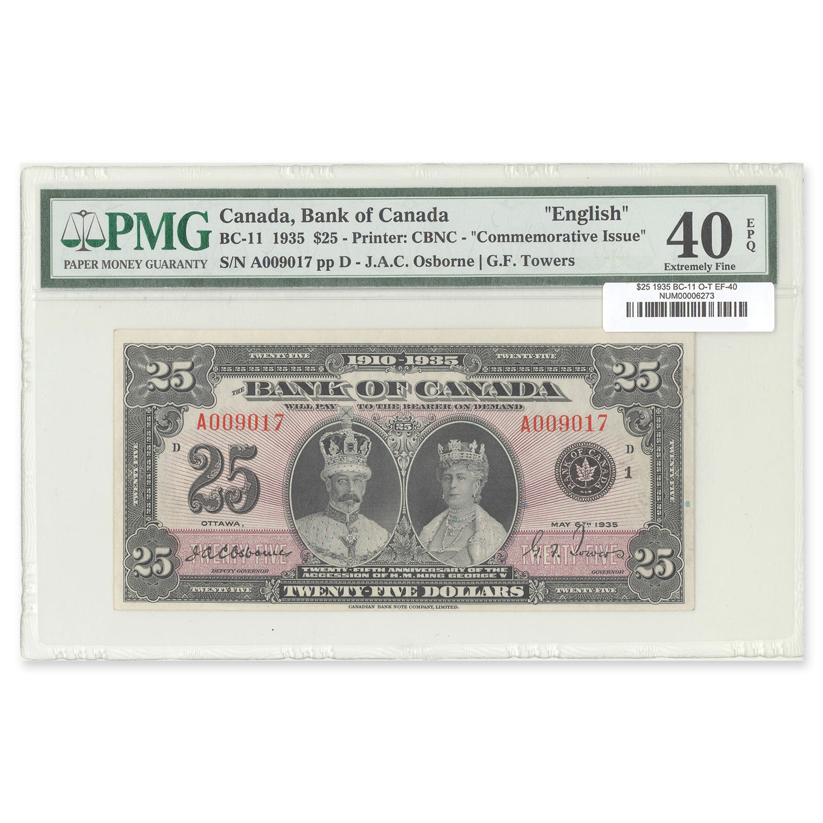 $25 1935 BC-11 Osborne-Towers Prefix A PMG EF-40