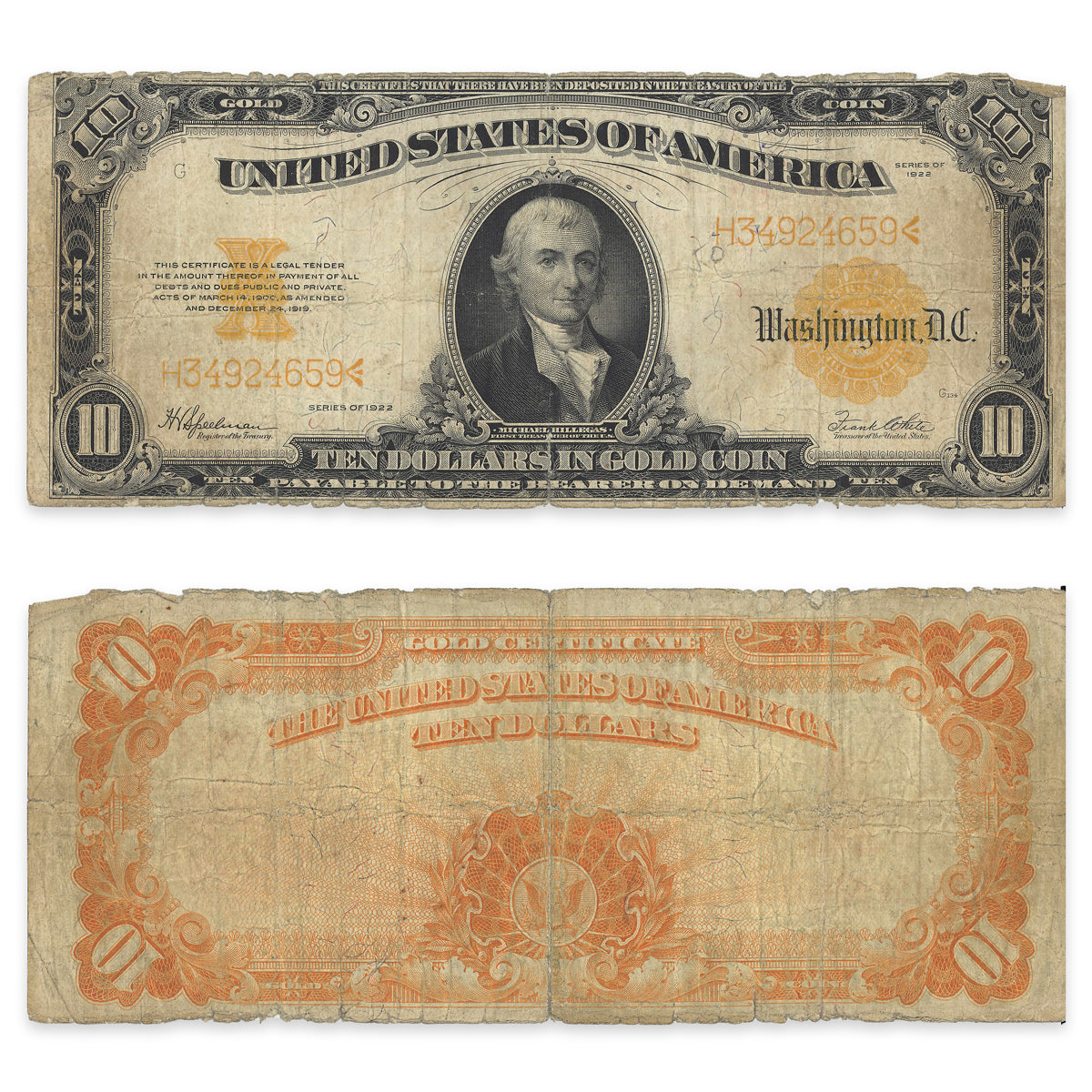 $10 1922 US FR #1173 Gold Certificate Speelman-White Prefix H VG-8