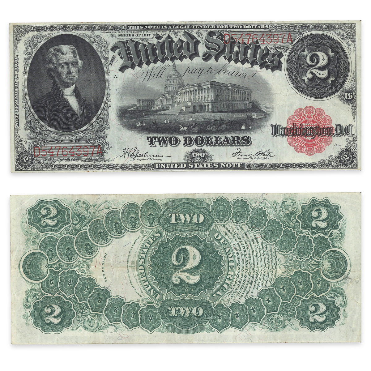 $2 1917 US FR #60 Speelman-White Prefix D Suffix A VF