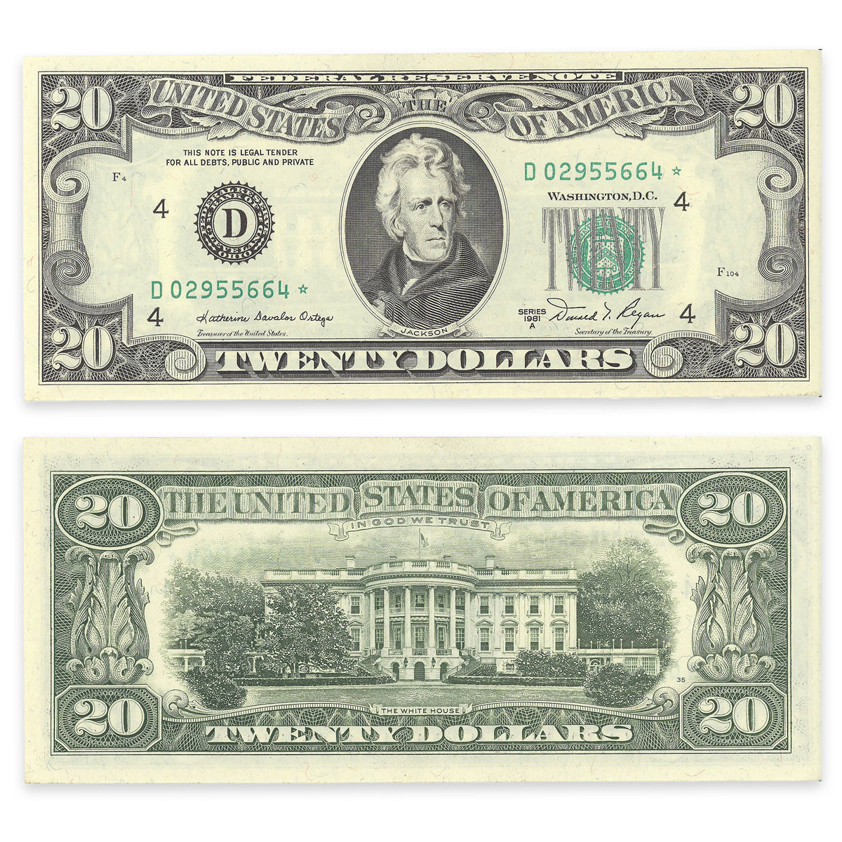 $20 1981 US FR #2074D Star Note Ortega-Regan Prefix D AU+