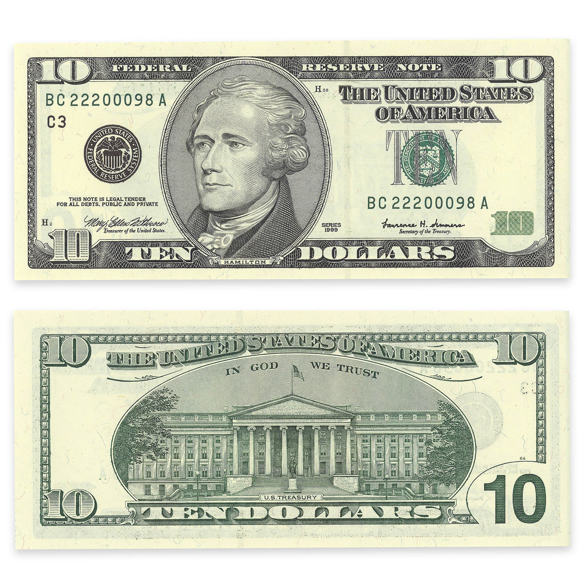 $10 1999 US FR #2033H Withrow-Summers Prefix BC Suffix A CH UNC