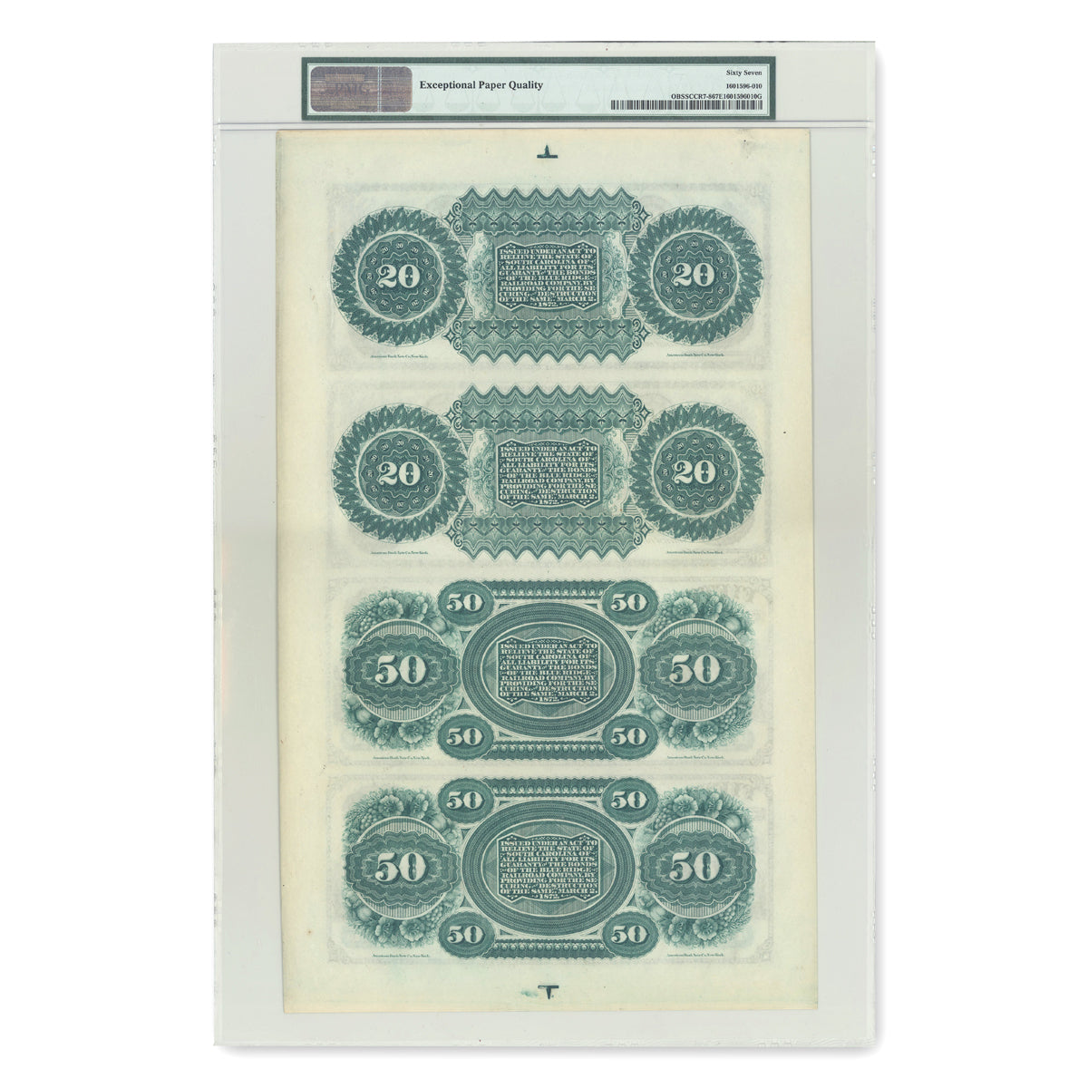 $20, $50 1872 US SCCR7-8 PMG GUNC-67 Uncut Block of 4 Banknotes