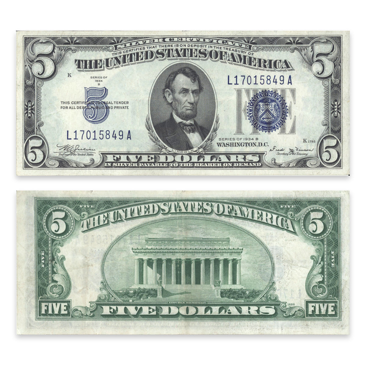 $5 1934 B FR #1652 Julian-Vinson Prefix L Suffix A VF-20