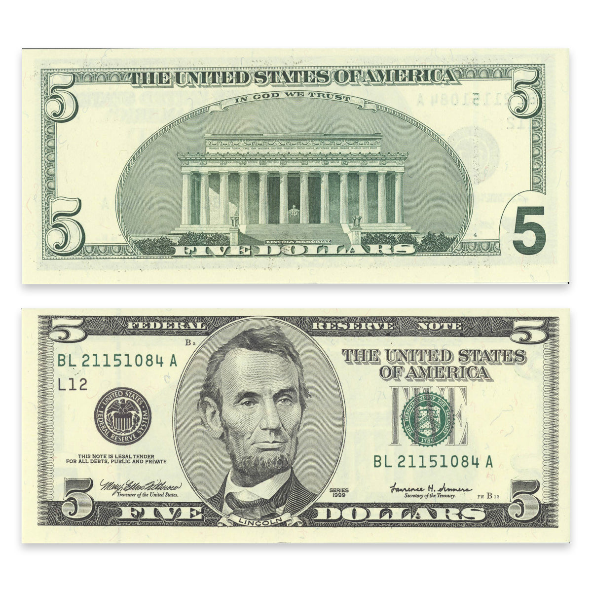 $5 1999 FR #1987b Withrow-Summers Prefix BL Suffix A CH UNC