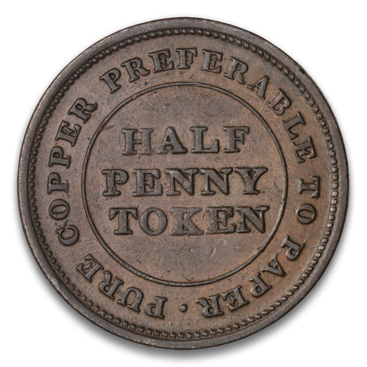 Nova Scotia Pure Copper / Trade & Navigation Base 1/2 penny token 1812