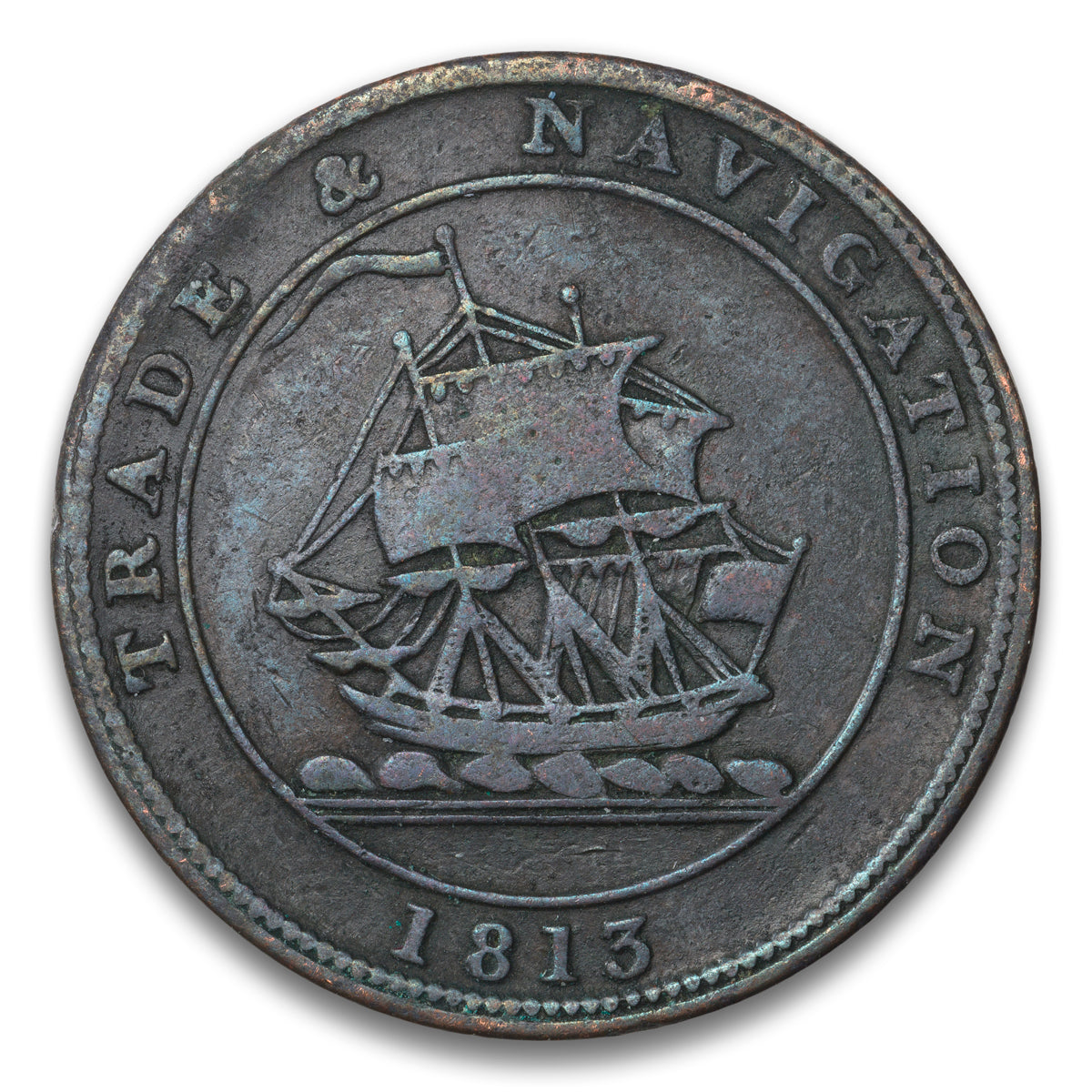 Nova Scotia Pure Copper / Trade & Navigation Base 1/2 penny token 1813