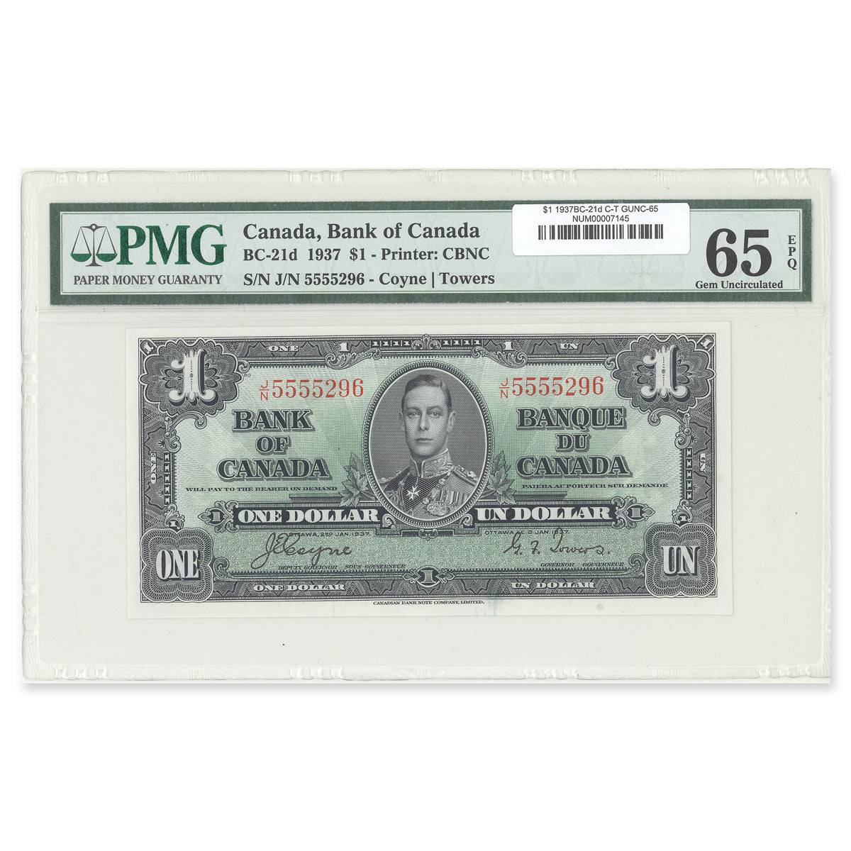 $1 1937 BC-21d Coyne-Towers Prefix J/N PMG GUNC-65