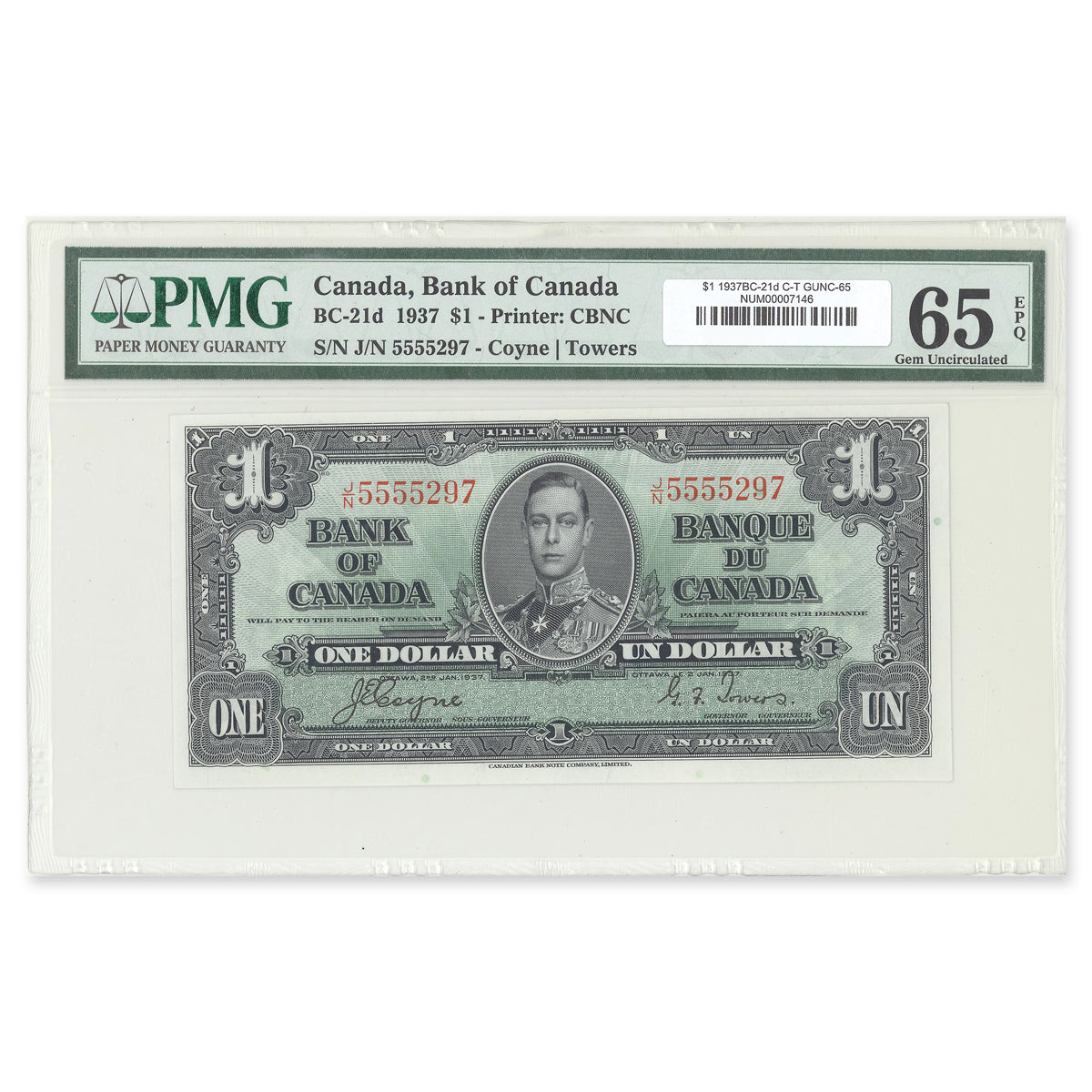 $1 1937 BC-21d Coyne-Towers Prefix J/N PMG GUNC-65