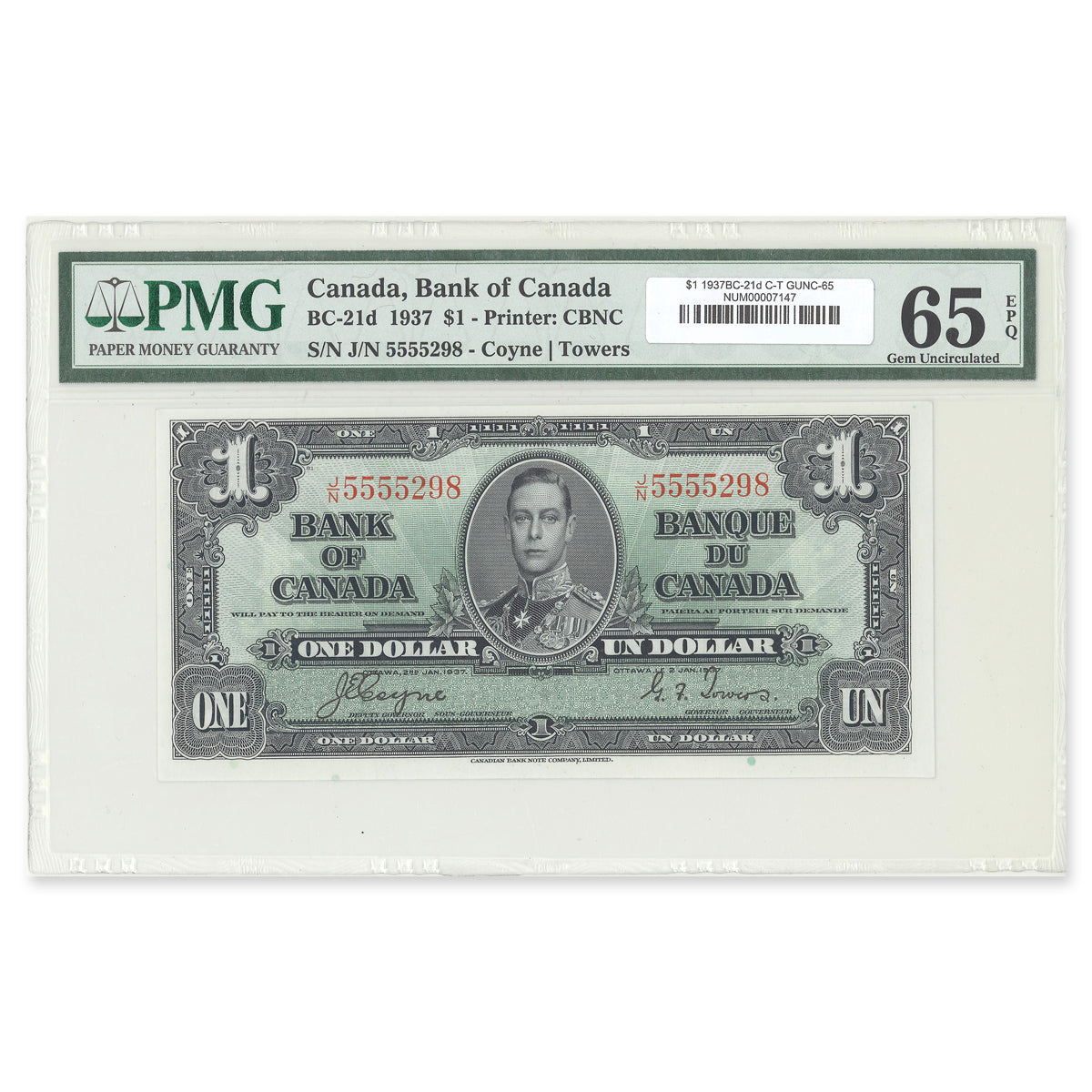 $1 1937 BC-21d Coyne-Towers Prefix J/N PMG GUNC-65