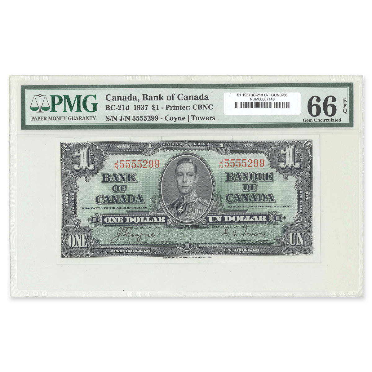 $1 1937 BC-21d Coyne-Towers Prefix J/N PMG GUNC-66
