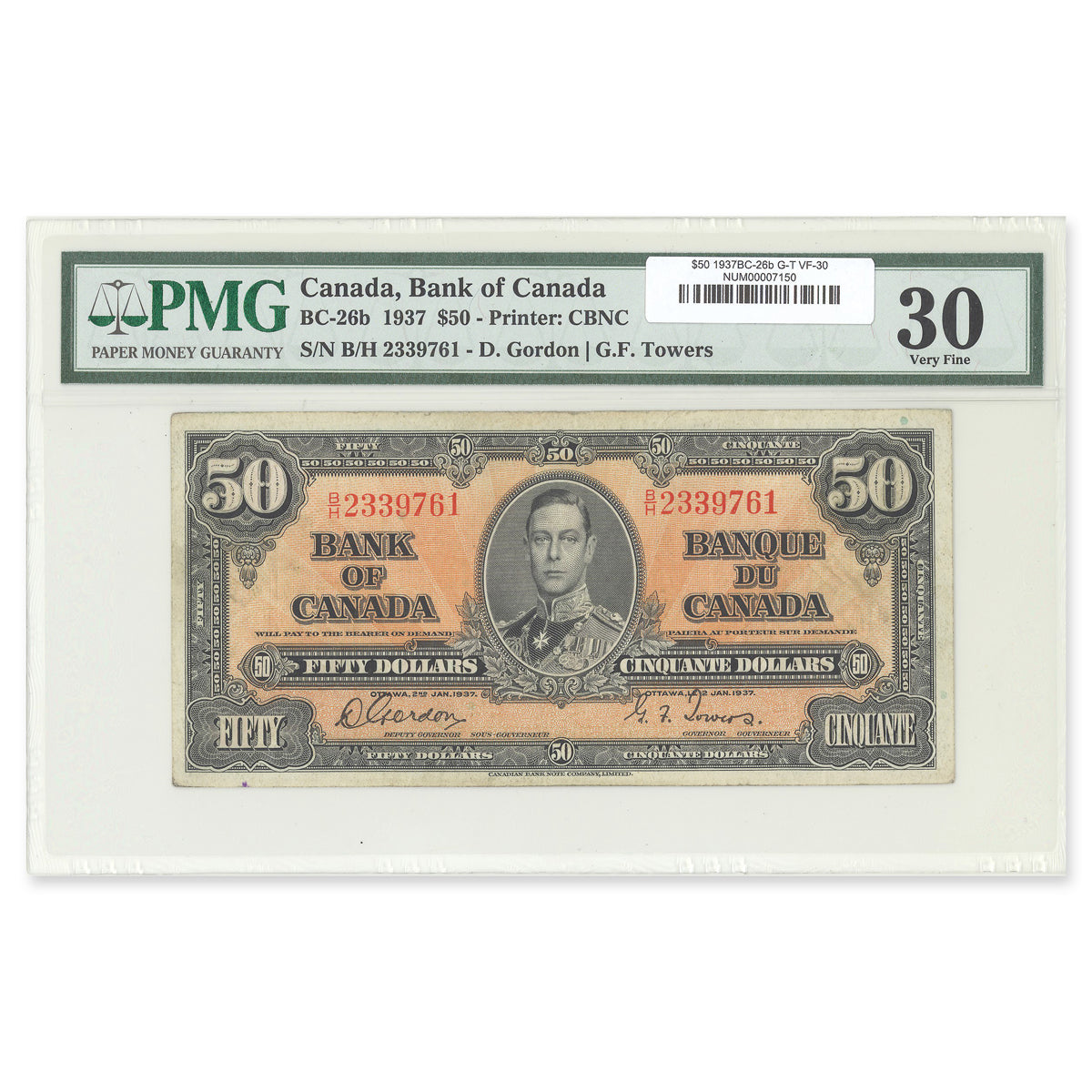 $50 1937 BC-26b Gordon-Towers Prefix B/H PMG VF-30