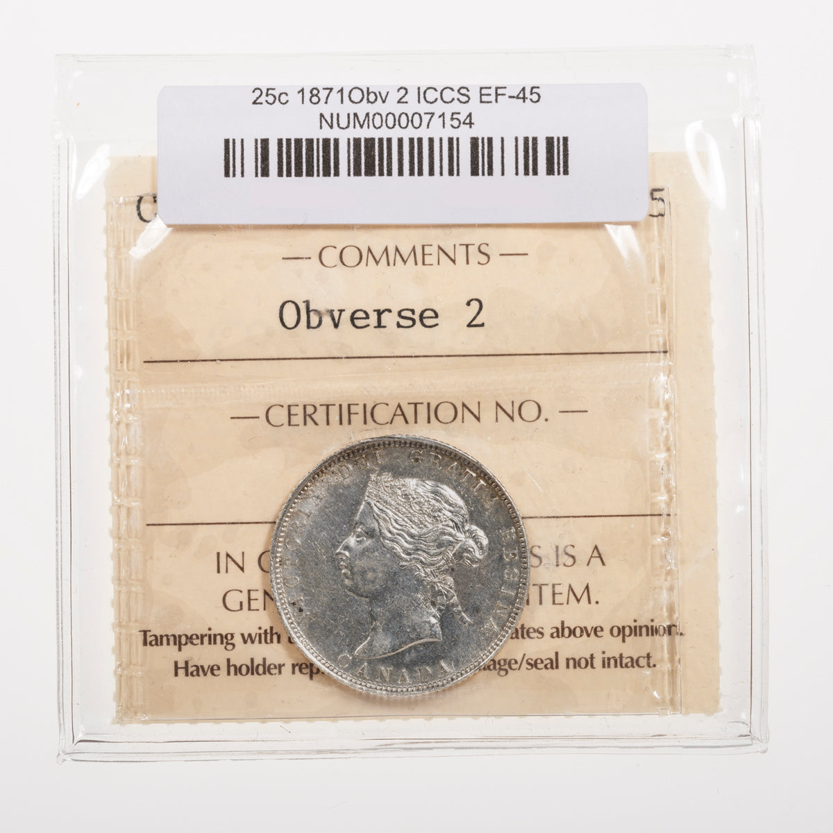 25 Cent 1871Obv 2 ICCS EF-45