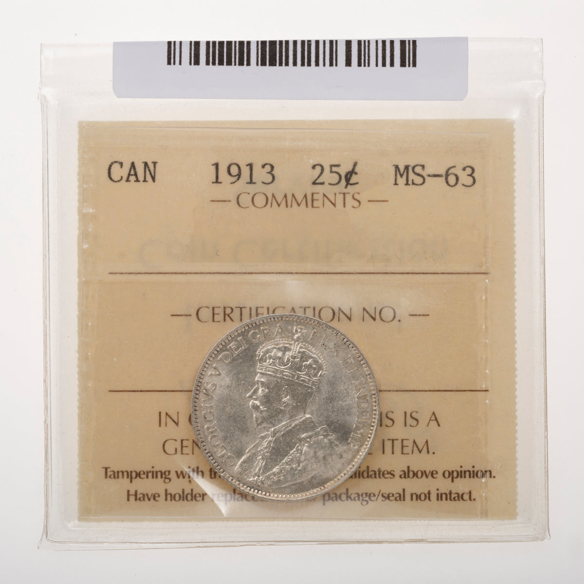 25 Cent 1913 ICCS MS-63