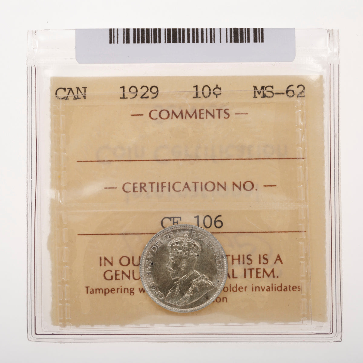 10 Cent 1929 ICCS MS-62