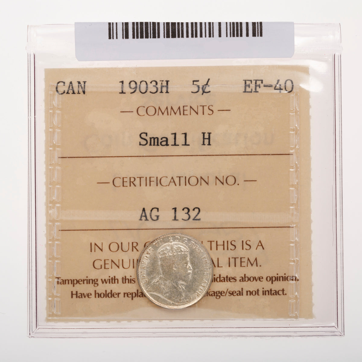 5 Cent 1903H small H ICCS EF-40