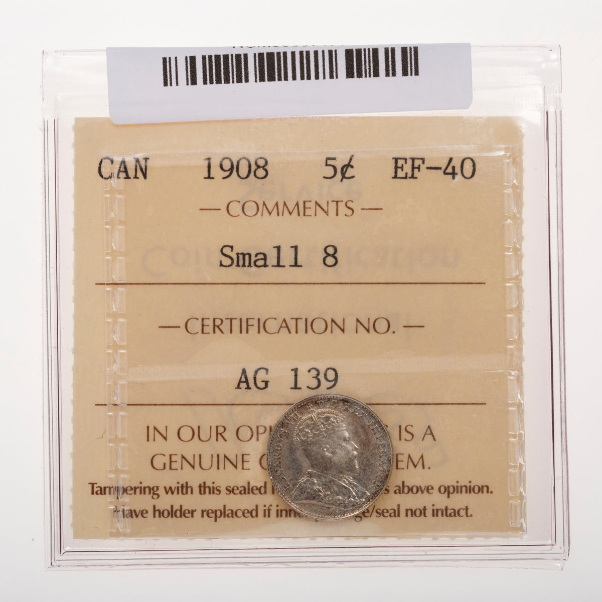 5 Cent 1908 small 8 ICCS EF-40