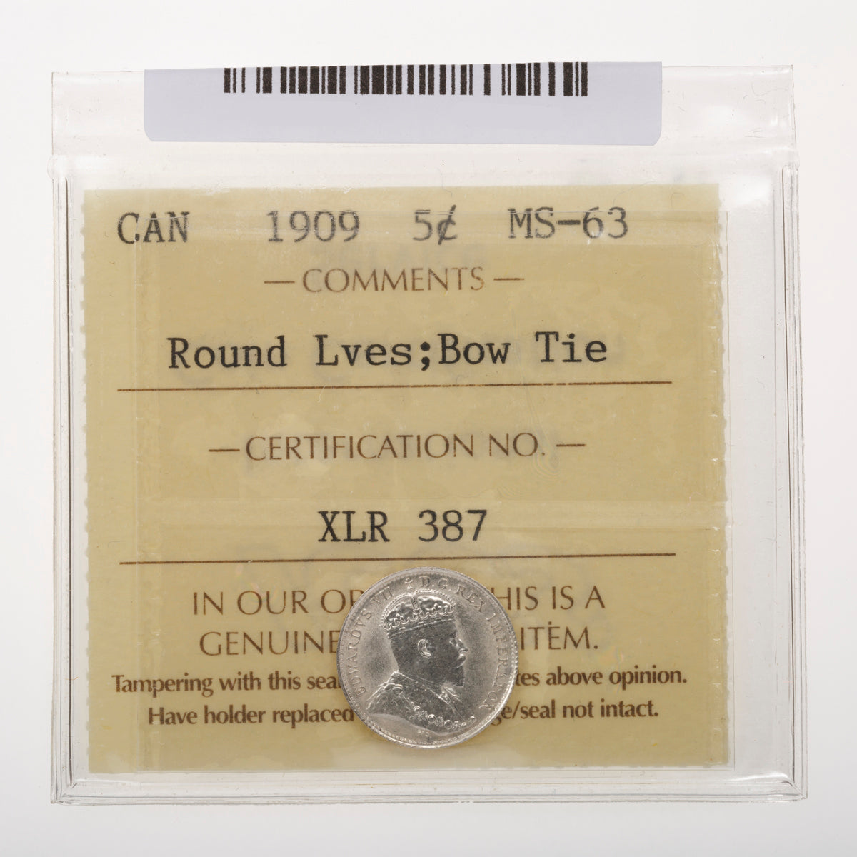 5 Cent 1909 Round Leaves; Bow Tie ICCS MS-63