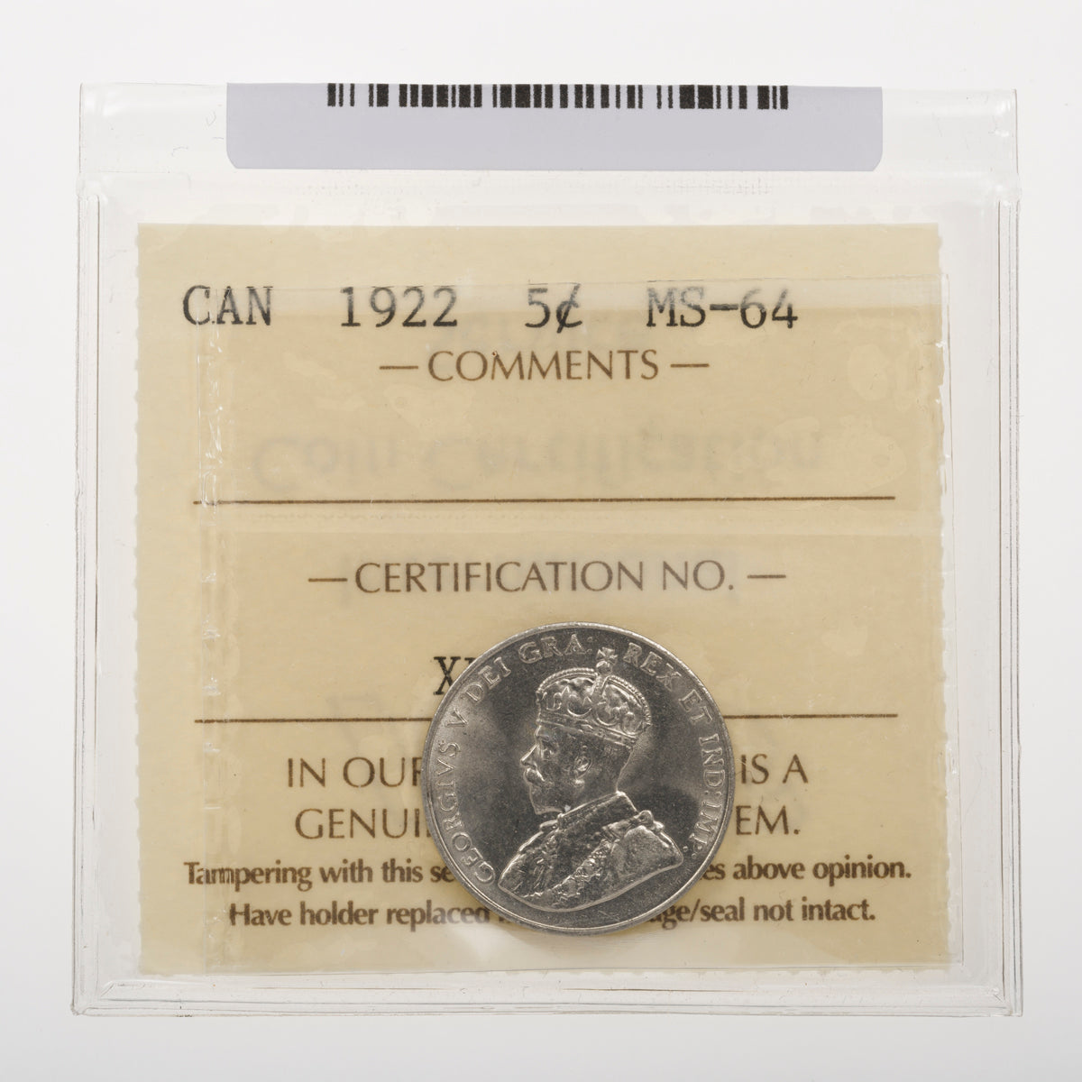 5 Cent 1922 Near S ICCS MS-64