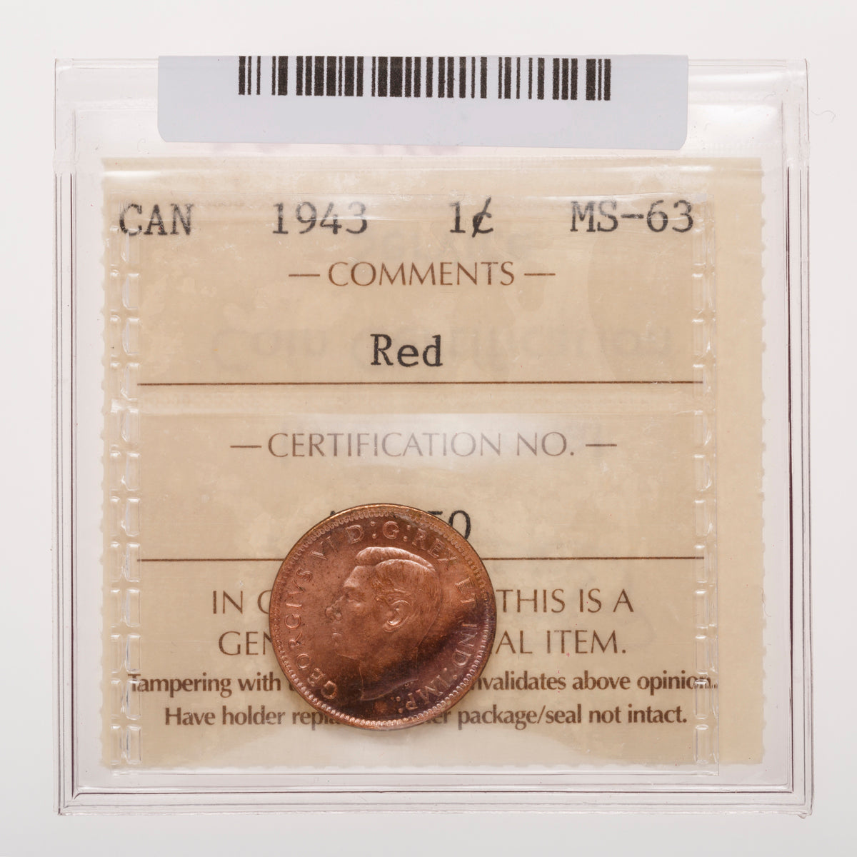 1 Cent 1943 Red ICCS MS-63