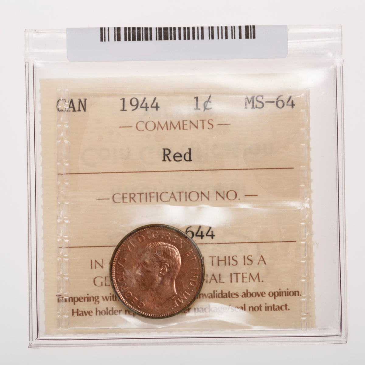 1 Cent 1944 Red ICCS MS-64