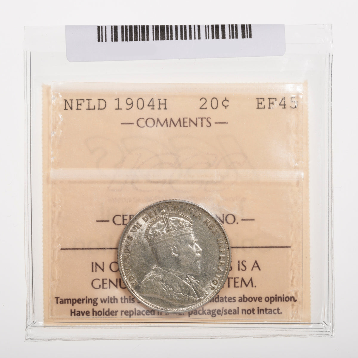 NFLD 20 Cent 1912 ICCS MS-63